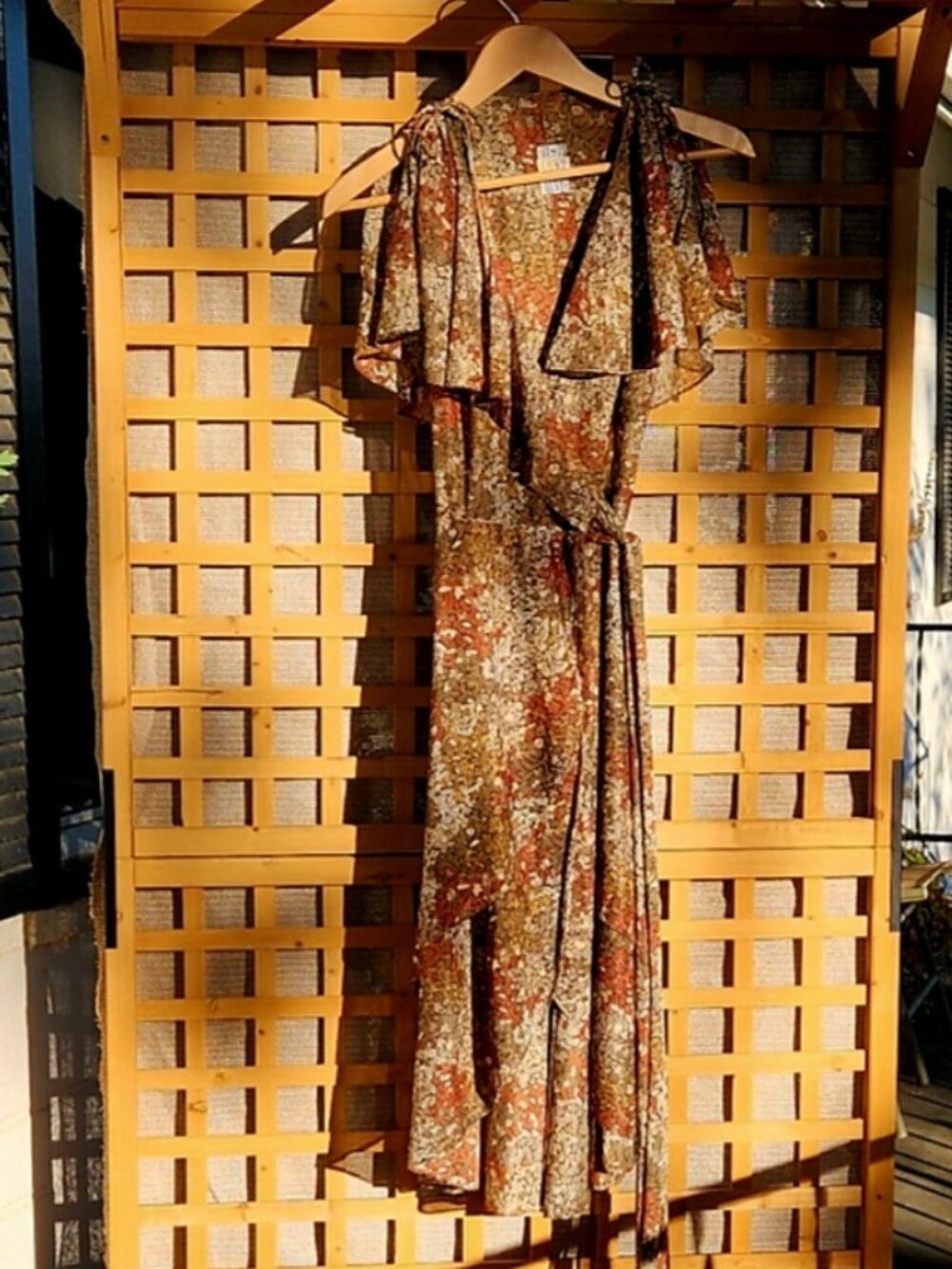 Rare ’82 Boho Gauze Wraparound Midi Dress, Samuel Blue, Autumnal Colors, Size 12